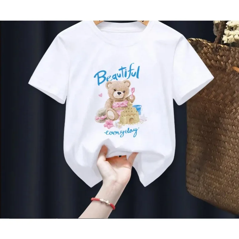 Best Shipping Skateboard Bear Print  Boys/Girls White T-shirt Kid Summer Harajuku Kawaii Funny Clothes Little Baby  Clothes,