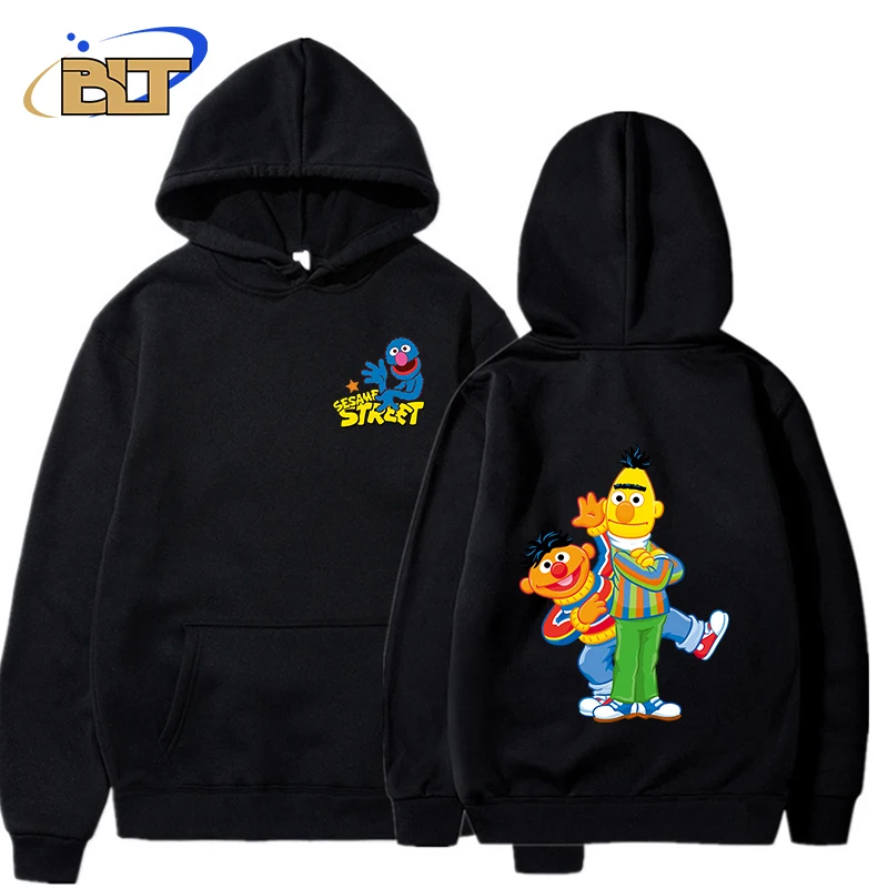 Sesame Street Printed Men's Autumn and Winter Hoodie Plush Sports Sweatshirt Black Loose Top