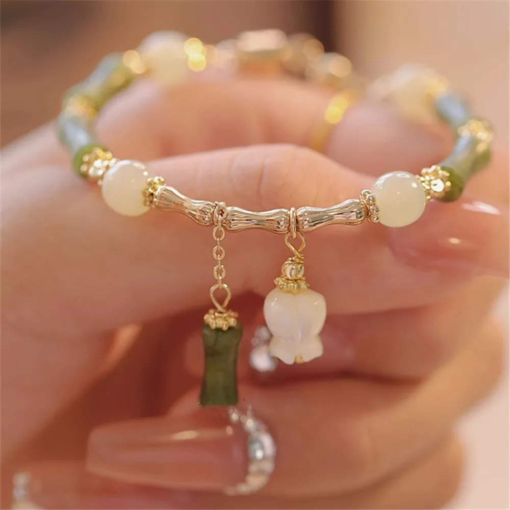 New Chinese Style Bamboo Shaped Beads Bracelet Natural Hetian Jade Female Versatile Jewelry Magnetic Buckle Design Romantic Gift