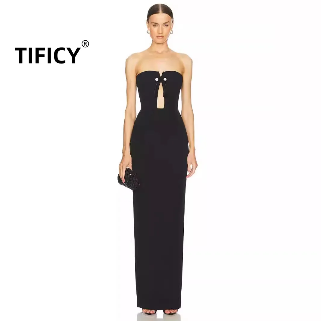 

High Street Sexy Women's Bandage Dress Black Backless Strapless Long Dress Niche Design Hollowed Out Slim Long Dress