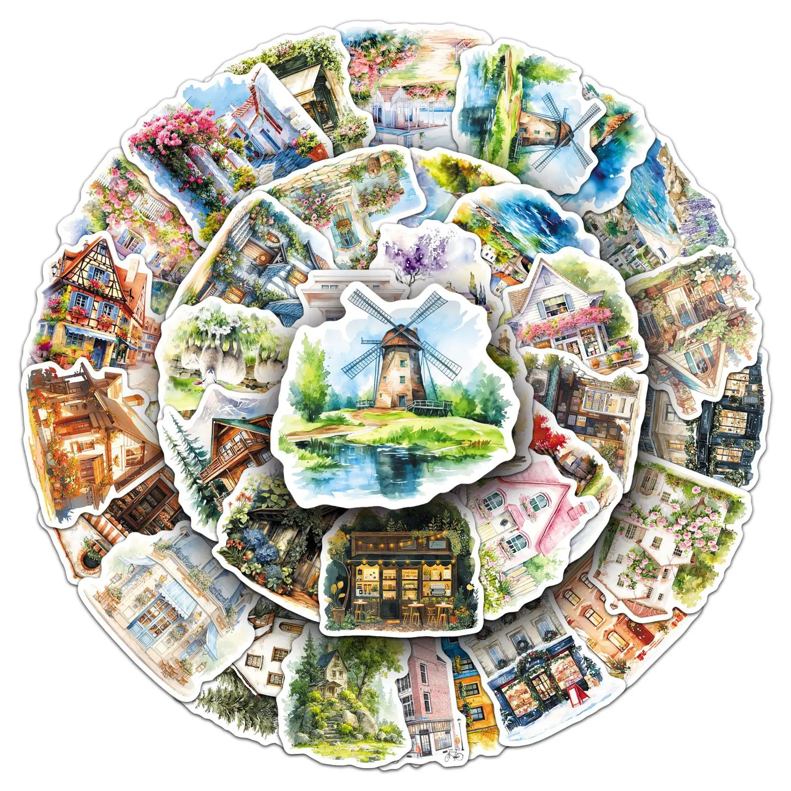 

50PCS Watercolor style Cottage Stickers Cozy House Vintage Town Building DIY Decorative Notebook Waterproof Stickers Kids Toy