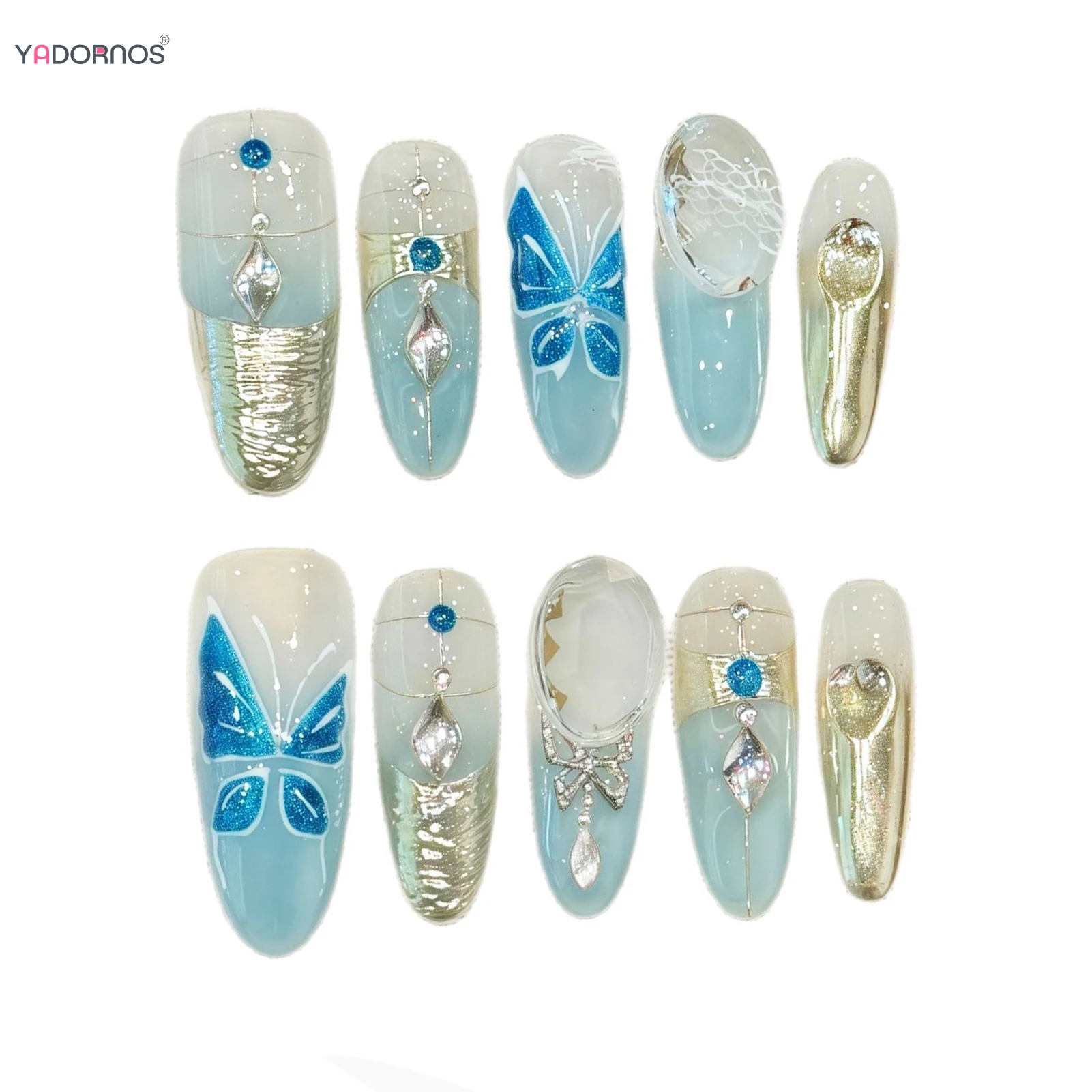 Gradiëntblauw Handgemaakte nepnagels Lange ovale vorm Druk op nagels Glanzende vlinderontwerpen voor manicure Dames Meisjes Kunstnagels