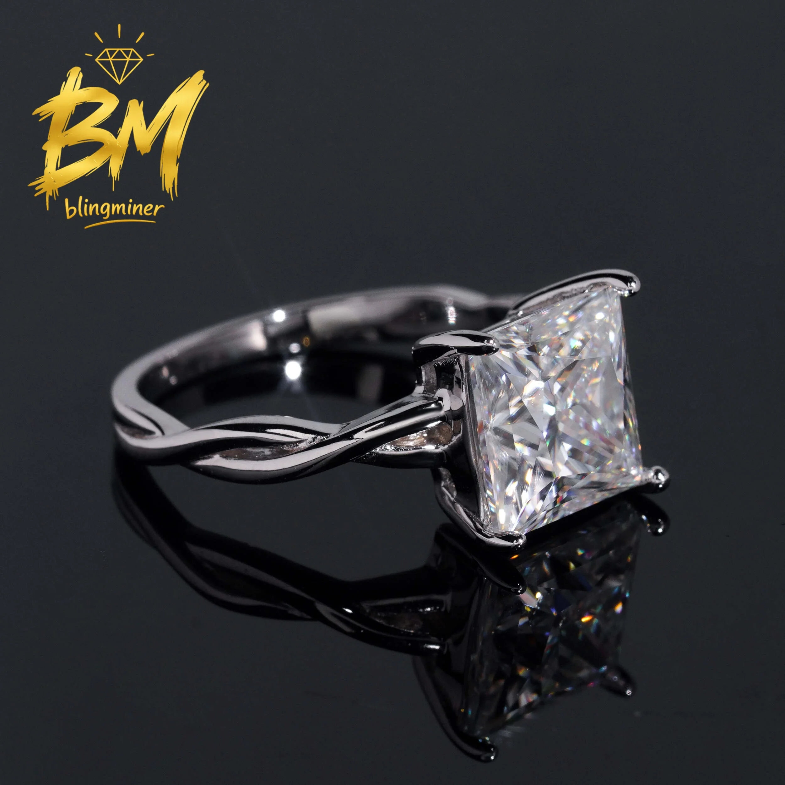 Blingminer S925 Silver Princess Cut 4ct VVS Moissanite Rings Engagement Wedding Women Finger Jewelry Pass Diamonds Free Shipping