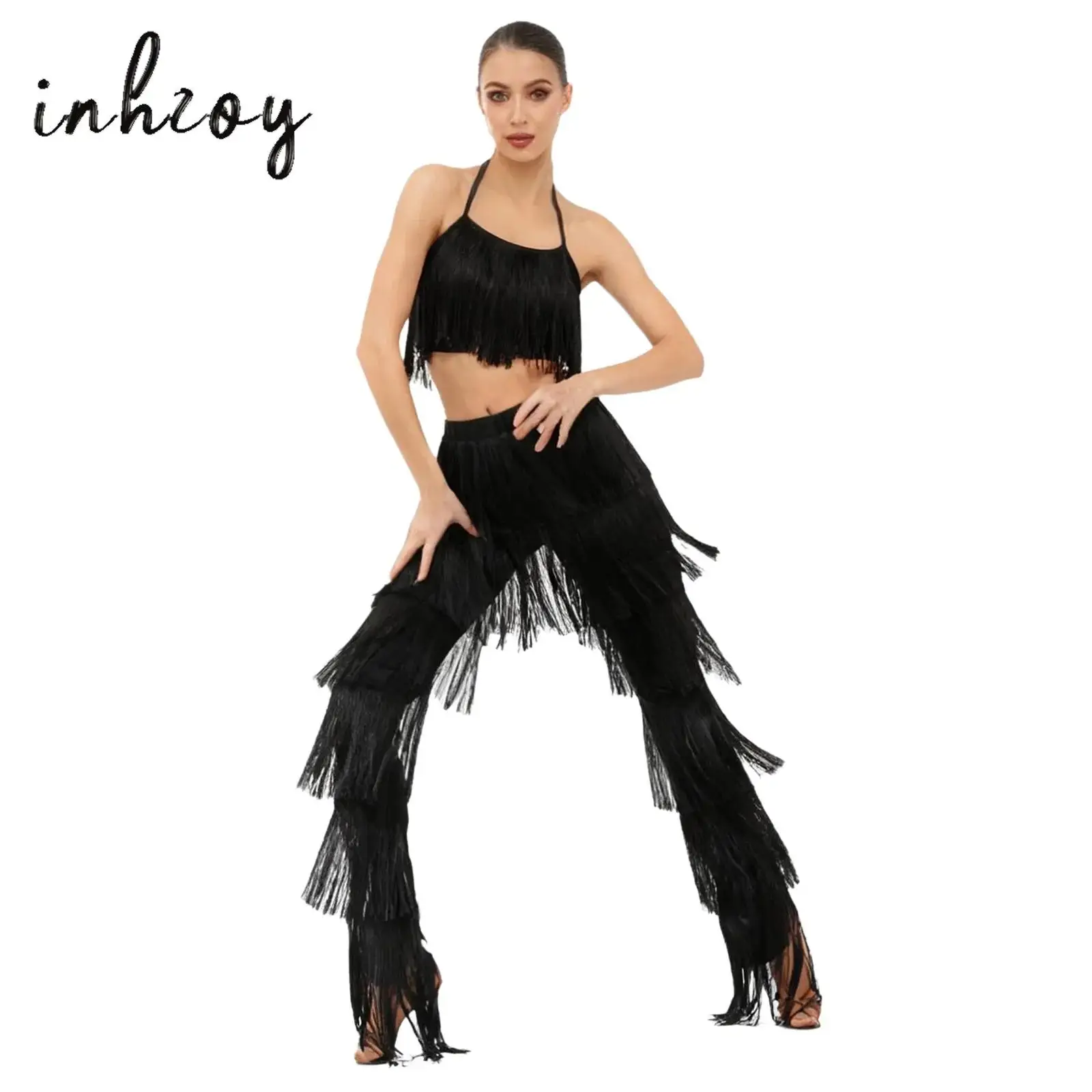 

Женский наряд для латинских танцев, укороченный топ без рукавов на тонких бретельках с перекрестной спиной и кисточками, брюки с бахромой для выступления на сцене ча-ча