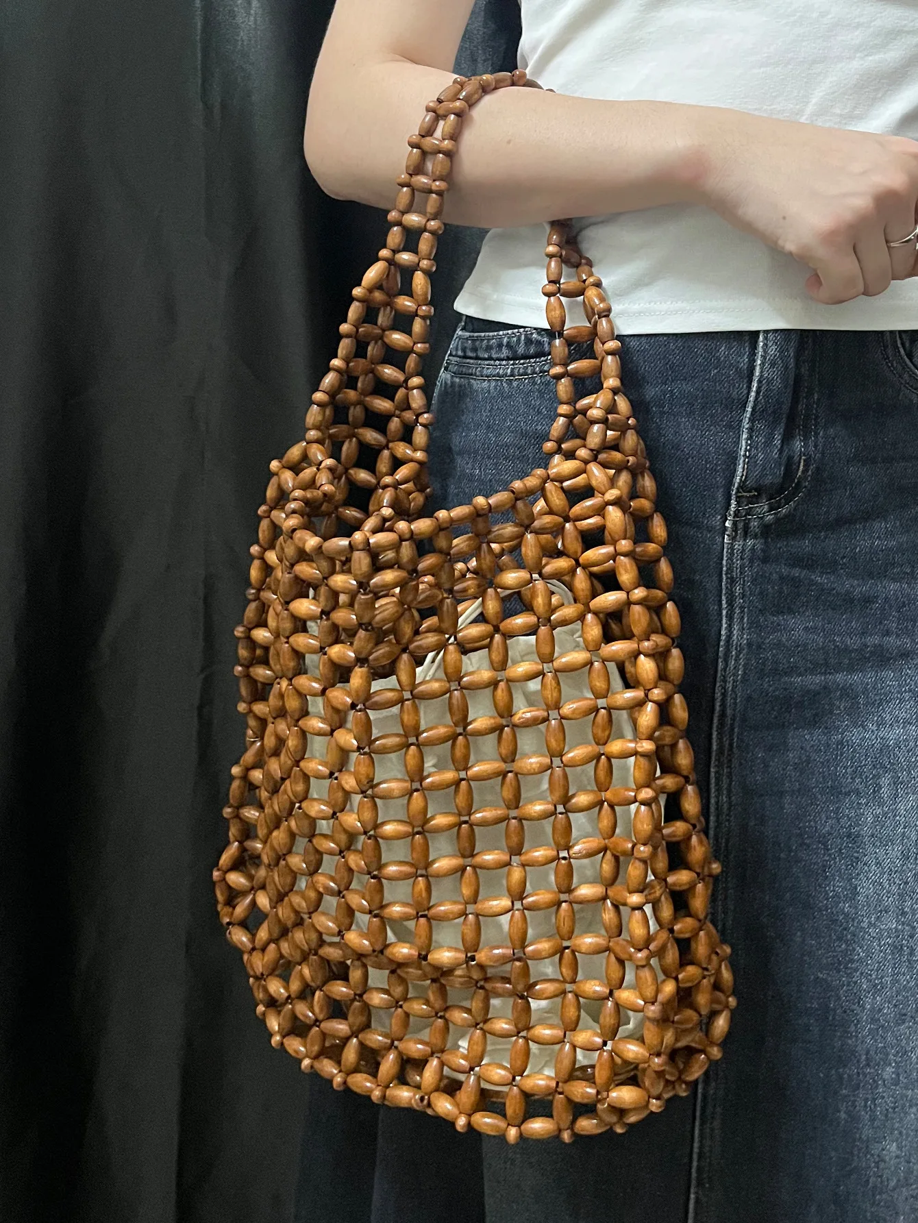 Retro Handmade Wooden Bead Tote Bag for Women, Summer Beach Bag Bohemian Clutch