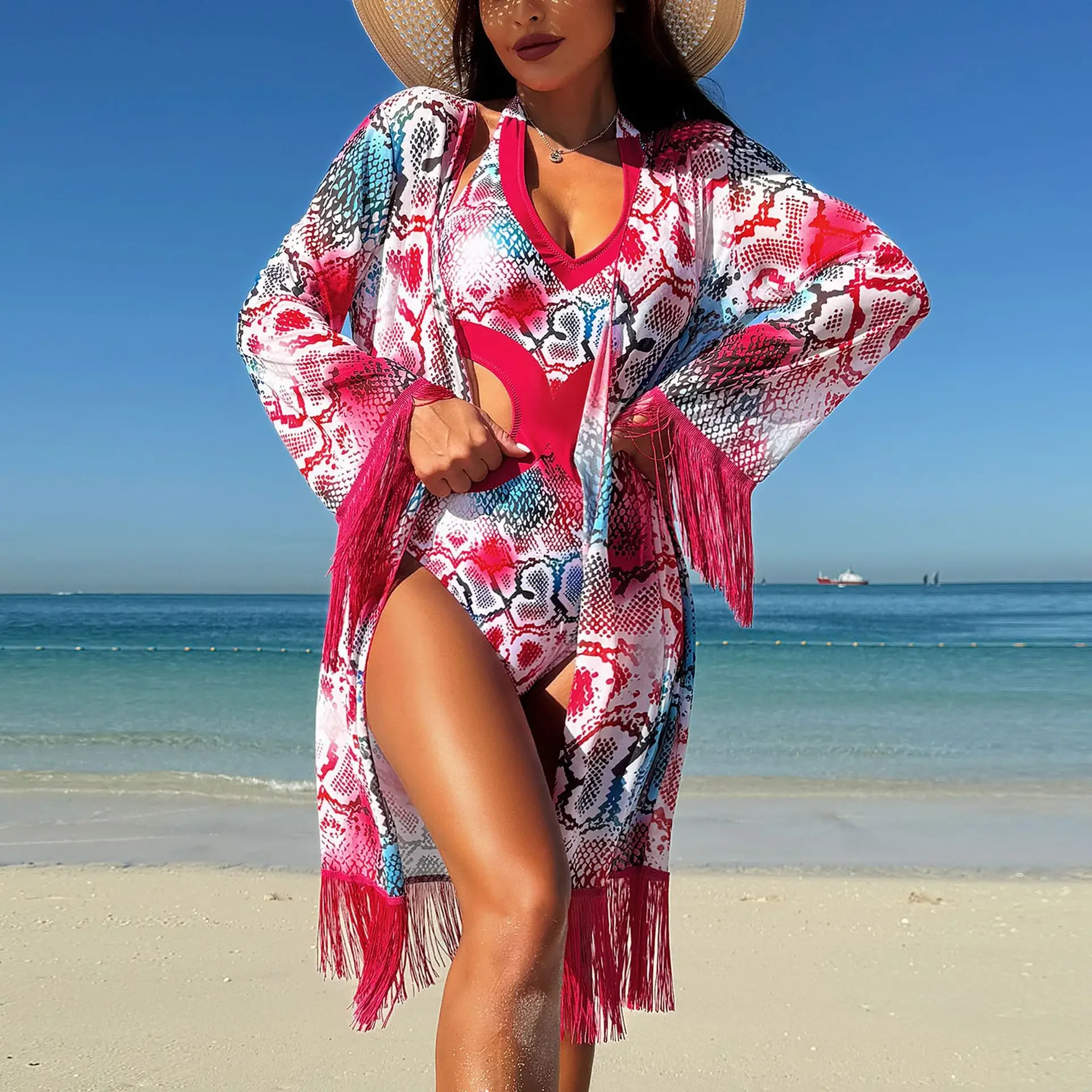 

New Summer Women's Sexy Three Piece Set with Chiffon Skirt and Tassel Bikini