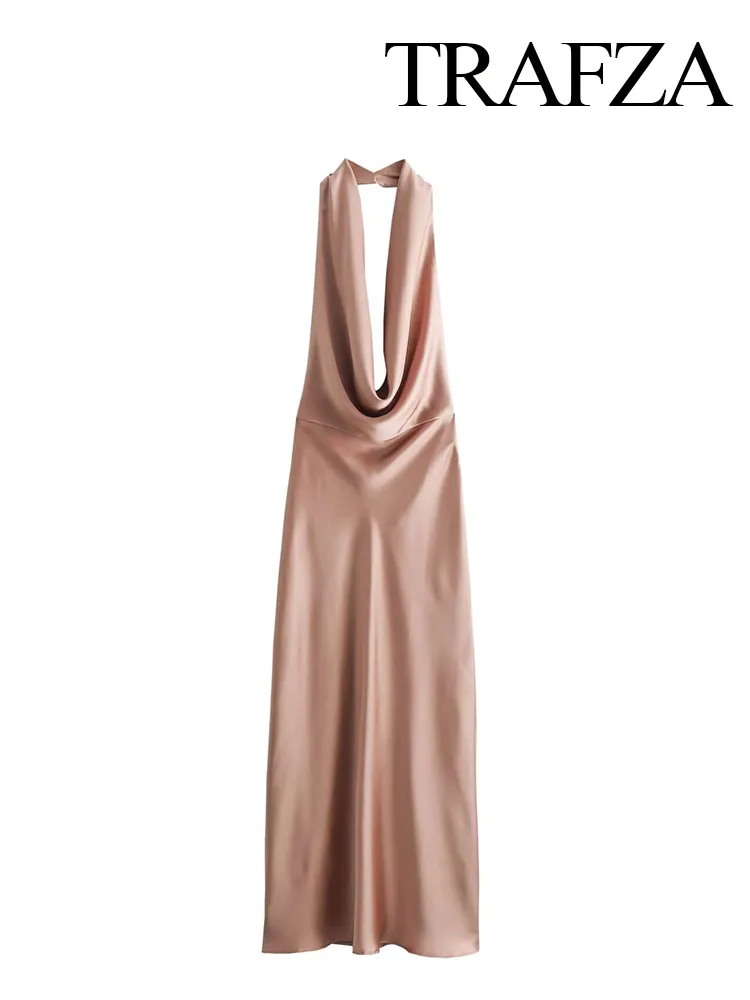 TRAFZA-Robe Mi-Longue en Satin pour Femme, Tenue Sexy, Dos aux, Col Frontal, Couleur Unie, Été