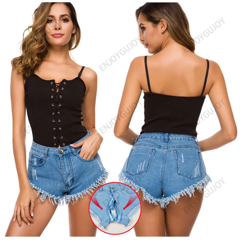 Invisible Open Crotch Pants for Women, Sexy Denim Shorts, Outdoor Sex Boyfriend Jeans, High Waisted, Nightclub Clothing