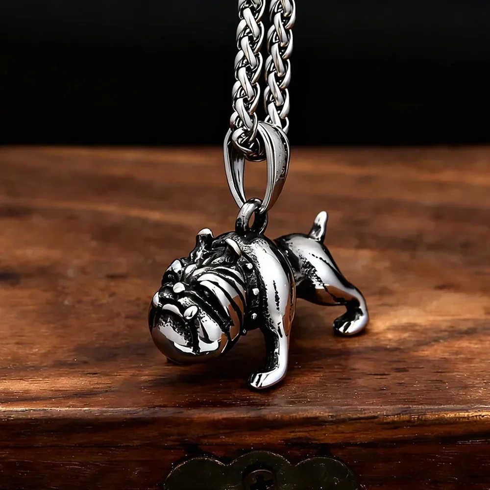 Vintage Polished Bulldog Pendant Necklace Stainless Steel 3D Animal Unisex Halloween Gift Jewelry