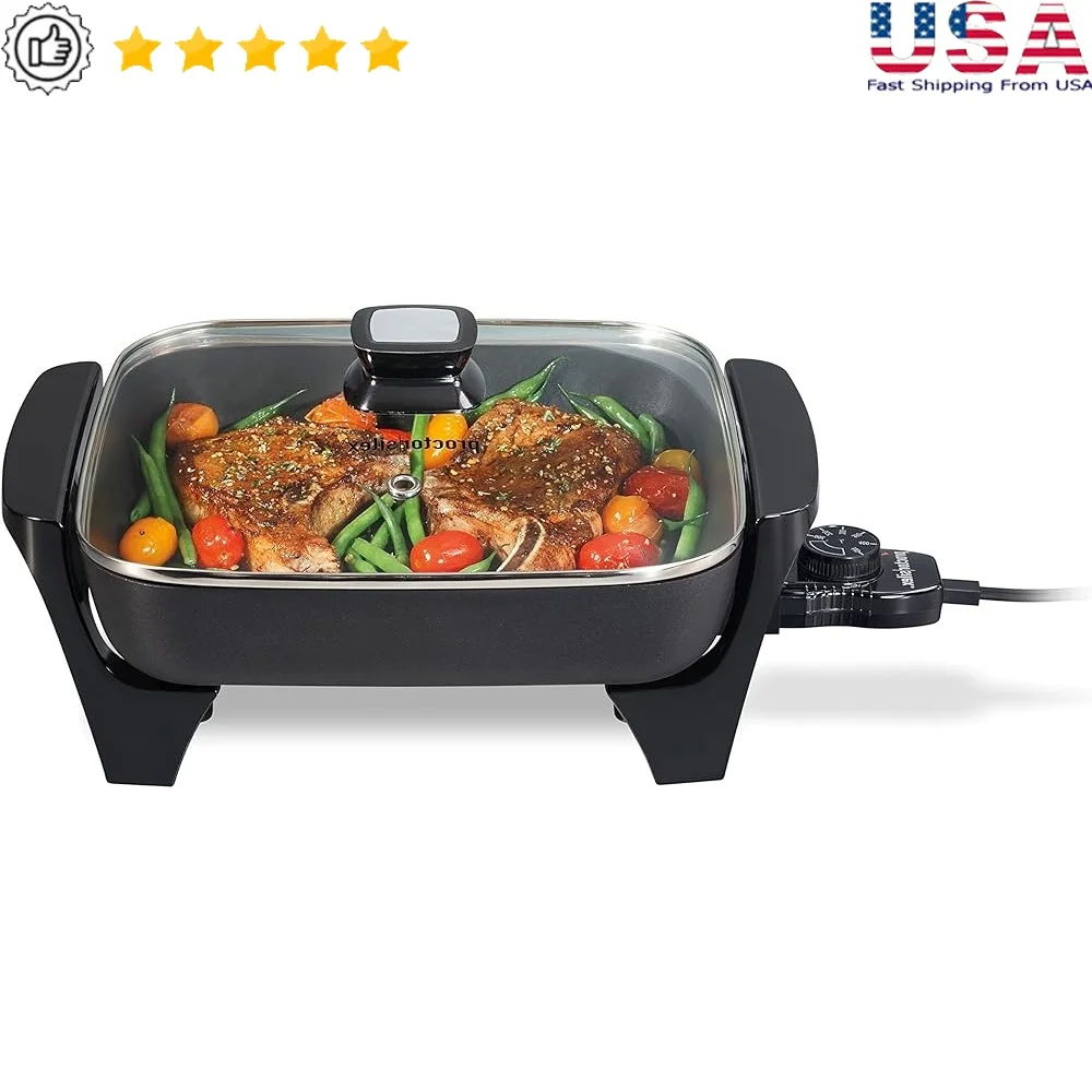 

Electric Skillet with Lid Nonstick Cooking Surface Adjustable Temperature 200-400F Glass Lid Frying Sauteing Simmering Braising