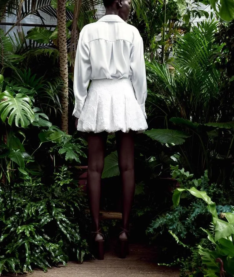 春夏新作 スイートプリーツ装飾 パフヘム ハイウエスト 刺繍入り ランタンスカート オルト丈 その他素材 00%