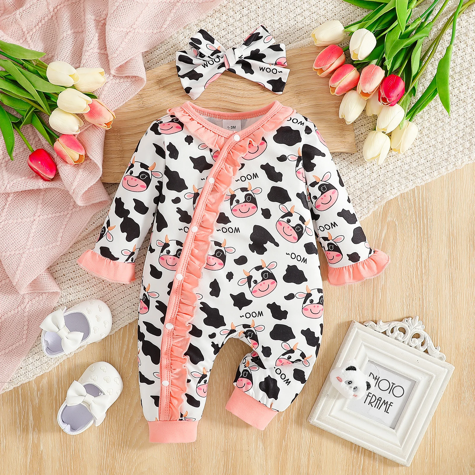 

The Four Seasons Newborn Infant Baby Girl Romper Animal Printed Long Sleeve Button Up Front Rompers Fashion Baby Jumpsuit