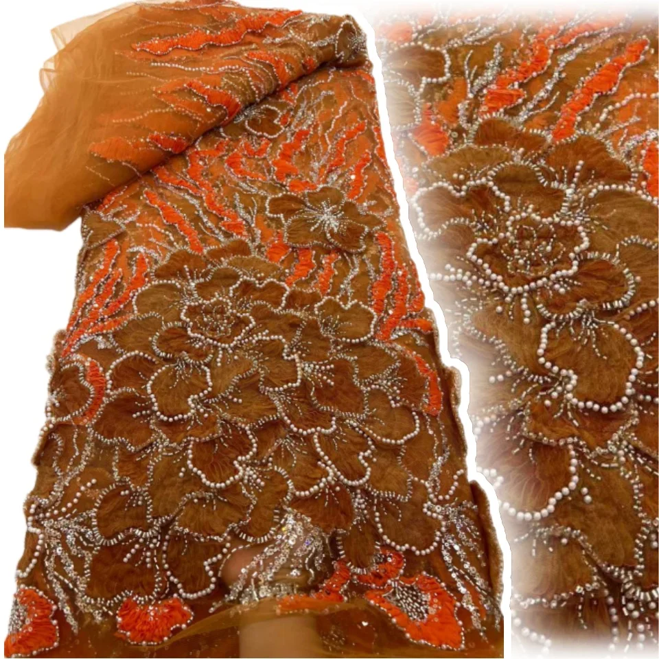 New Design Fashion Africa Nigeria 3D Hand Embroidery Sequins  Beaded Tulle Lace For Women Wedding Party Dresses Sewing 2235