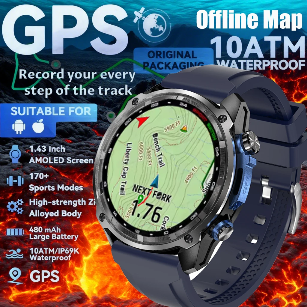 

2025 T-Rex Tactical Smartwatch for Men with Built-in GPS Offline Map 4GBMemory 5ATM IP69K Waterproof for Swimming Military Grade