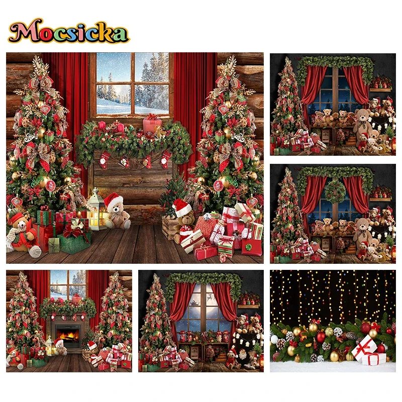 

Mocsicka Christmas Decoration Photography Background Xmas Tree Fireplace Red Curtain Teddy Bear Gift Wreath Photo Backdrop Props