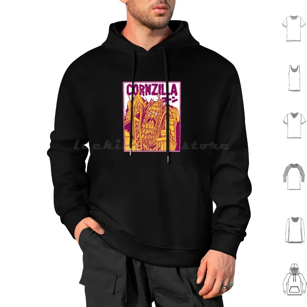 

Cornzilla Hoodies Long Sleeve Corn Food Character Corncob Cornfield Farm Parody Wordplay Colorful Eat Garden Maize