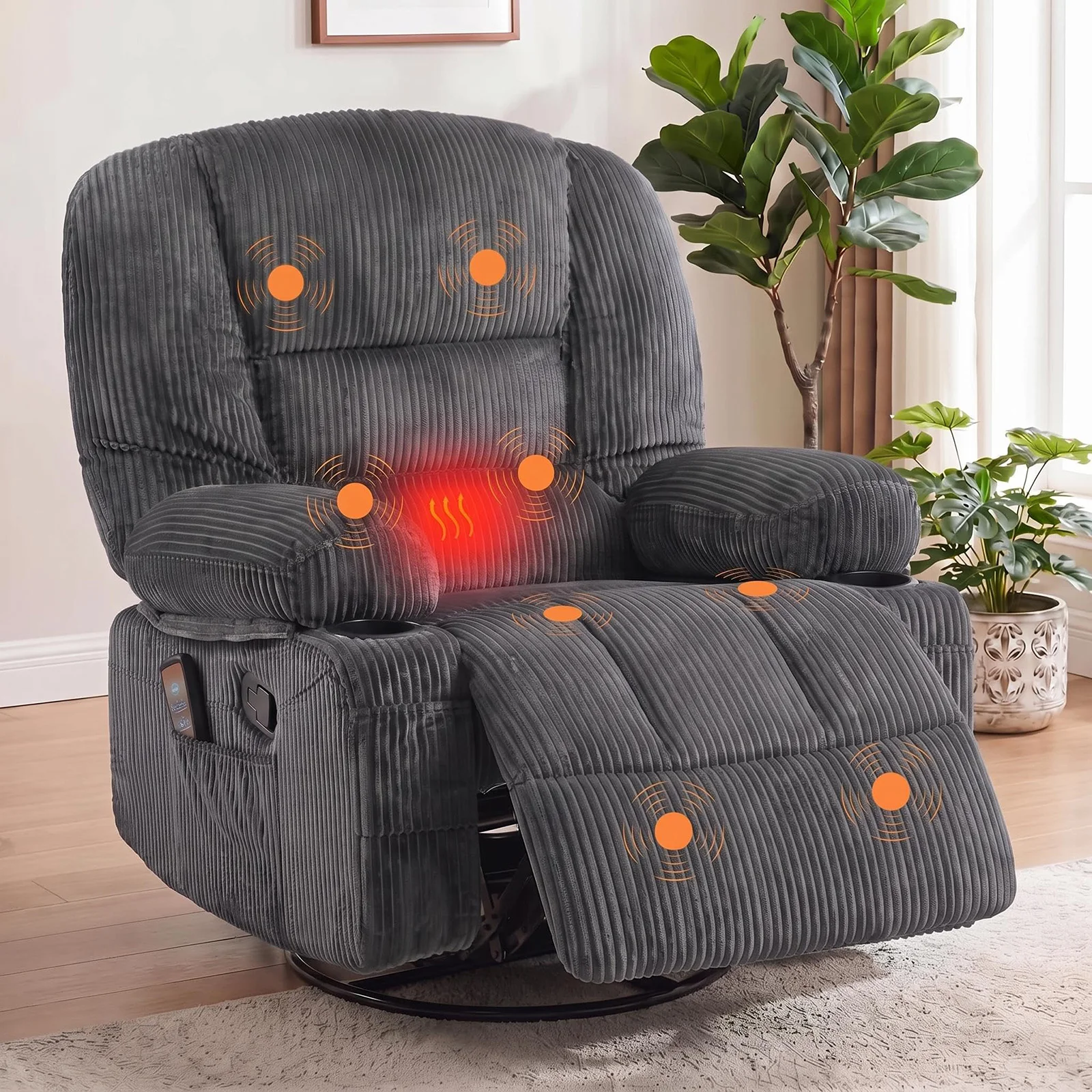 Oversized Corduroy Swivel Rocker Recliner Chair With Massage Heat, 360° Glider, Cup Holder, Side Pockets & Hidden Storage