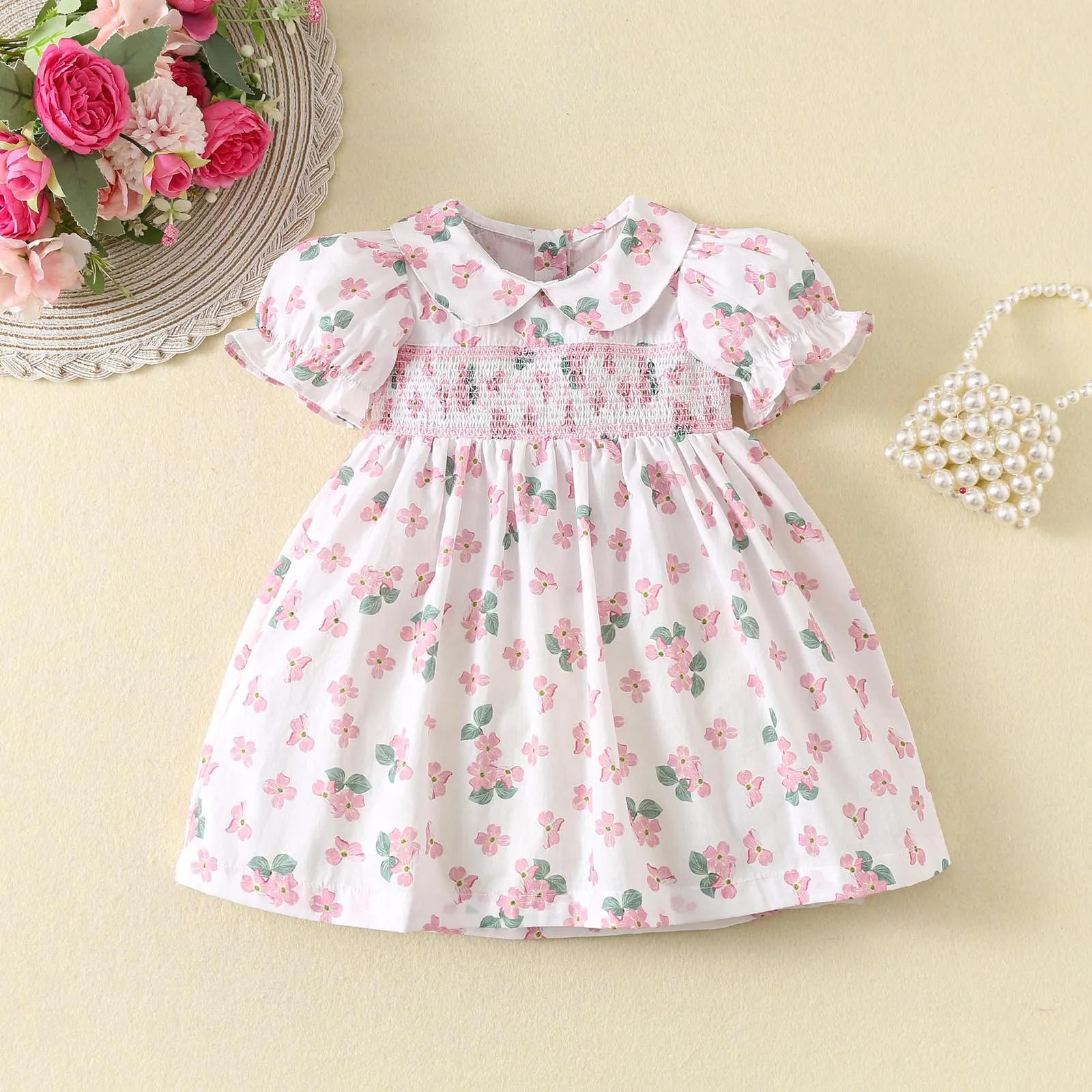 2025 New Smocked Summer Girls Dress Floral Children's Pink Cute Baby Girl Princess Dresses Cotton Embroidery Smocking Clothes