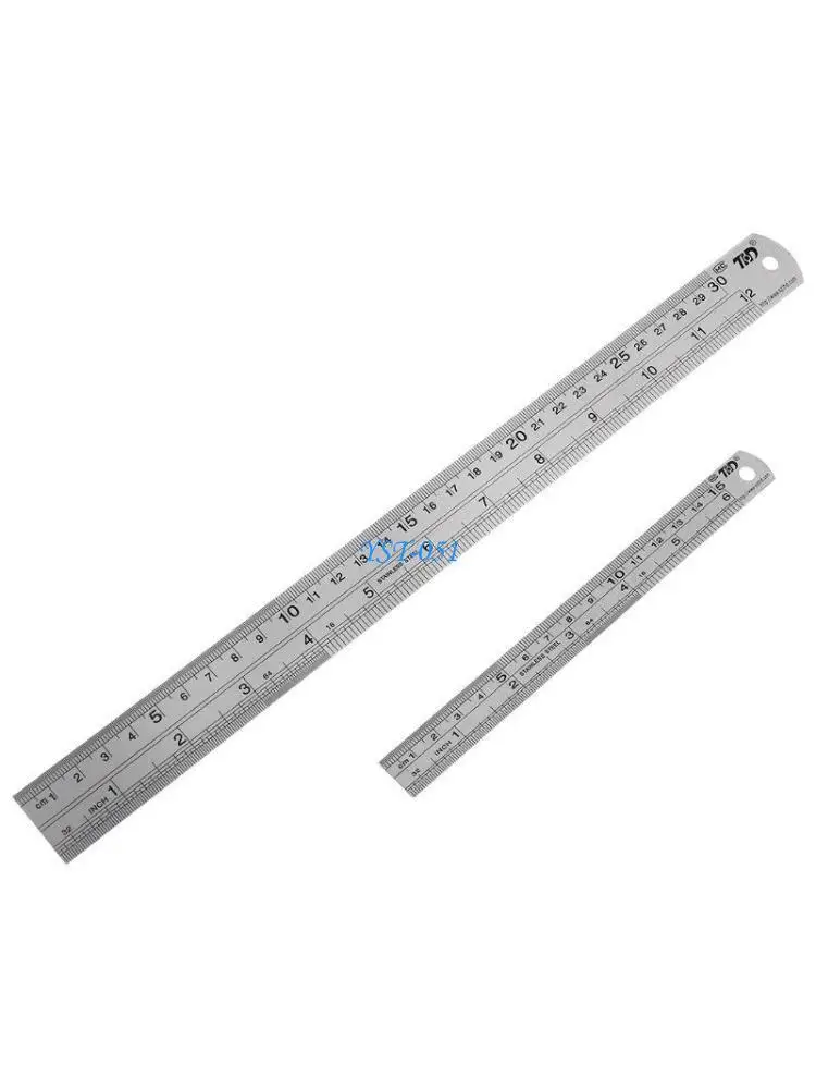 

E15A 2 Pieces Metal Straight Ruler Stainless Steel Ruler 15/30cm Inch & Metric 0.7 mm Thickness Measuirng Tool Durable