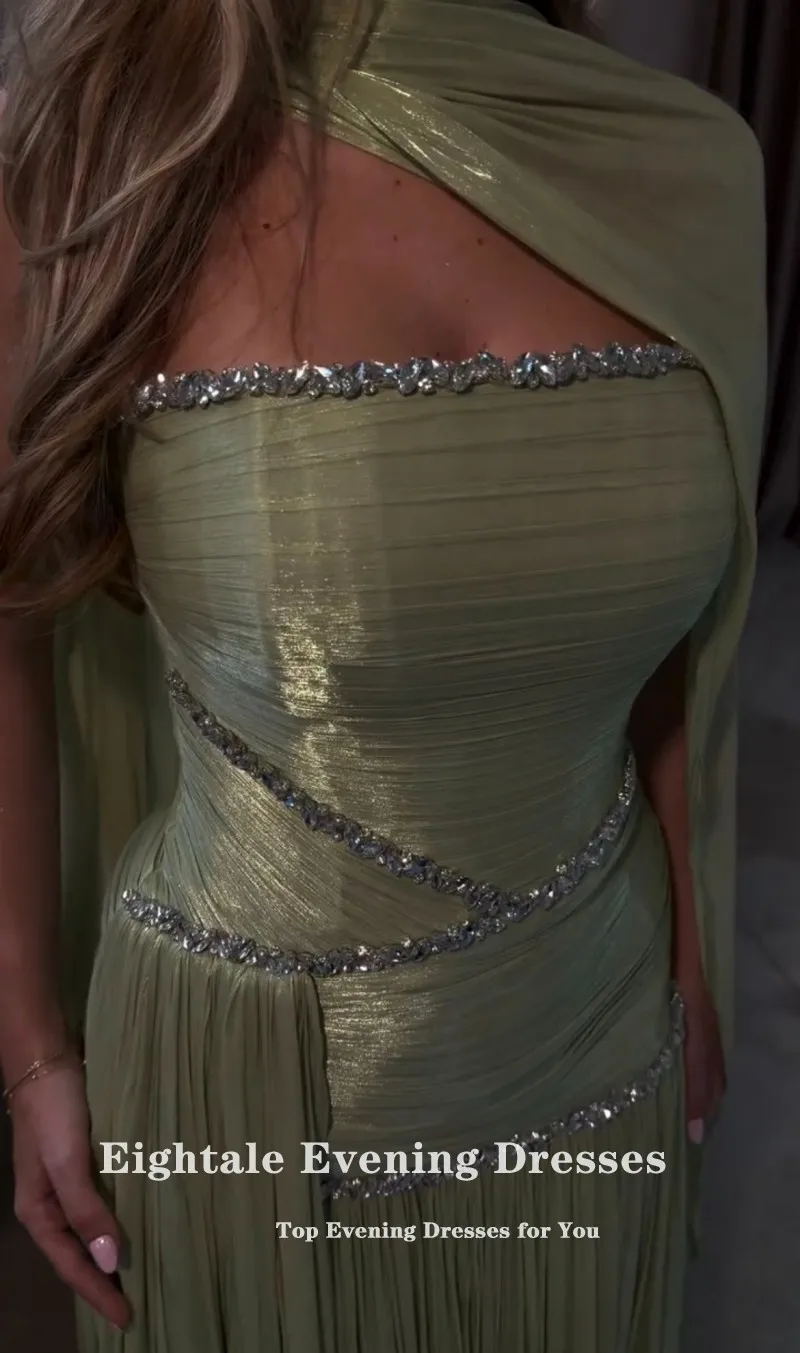 Eightale Arabic Evening Dress Strapless Beaded Sage Green Crepe Customized  A-Line Pleats Prom Wedding Party Gown image 3