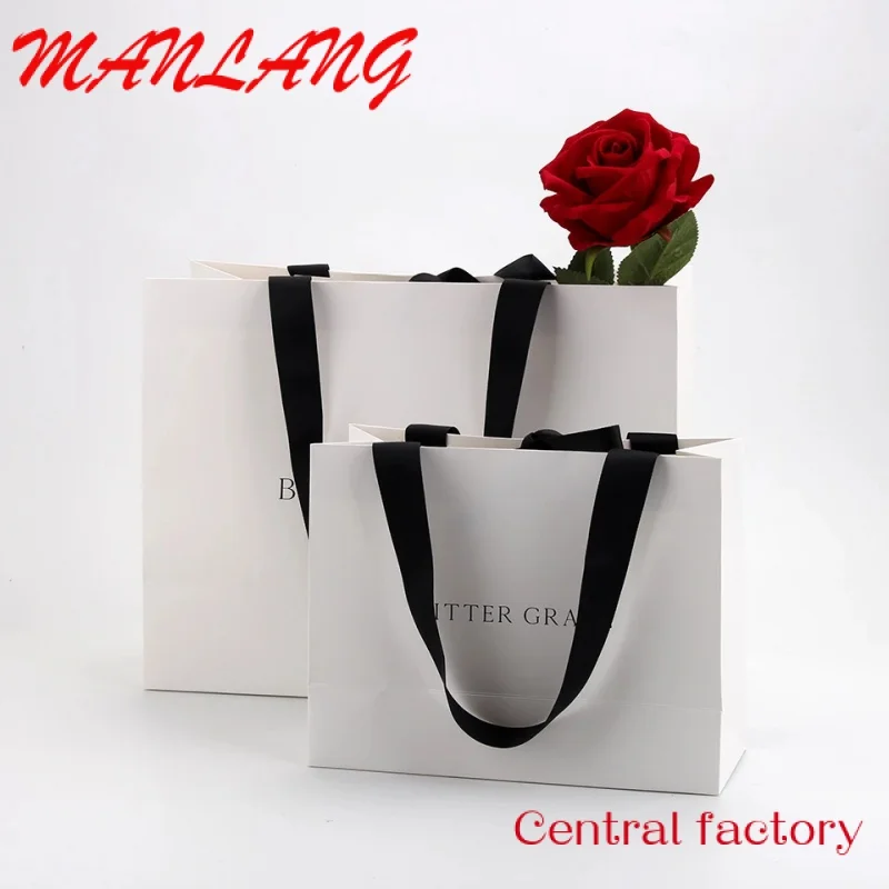 Custom  Custom Printed Paper Bags Cardboard Luxury White Kraft Paper Gift Bag With Ribbon Handle For Shopping Bag With Your Own 