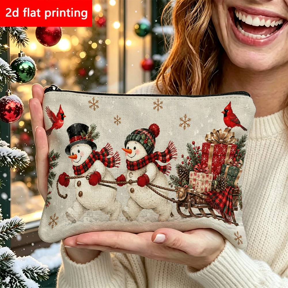Retro Xmas Snowmen Sled Cardinal Bird Corduroy Makeup Pouch Portable Travel Cosmetic Zipper Toiletry Storage Bag