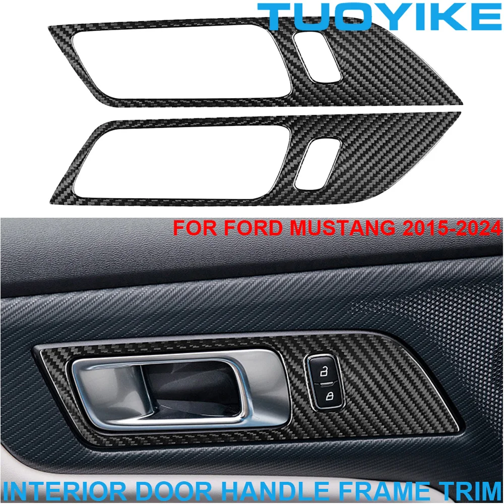 Car Genuine Real Dry Carbon Fiber Interior Inner Door Pull Handle Frame Cover Trim Panel Decoration For Ford Mustang 2015-2024