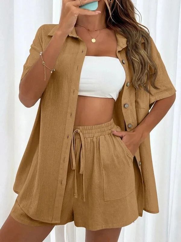 Fashion Women Shirt + Shorts Two Piece Set Solid Color Shirt Suit 2025 New Casual Loose Short Sleeve Single Breasted Women'S Set