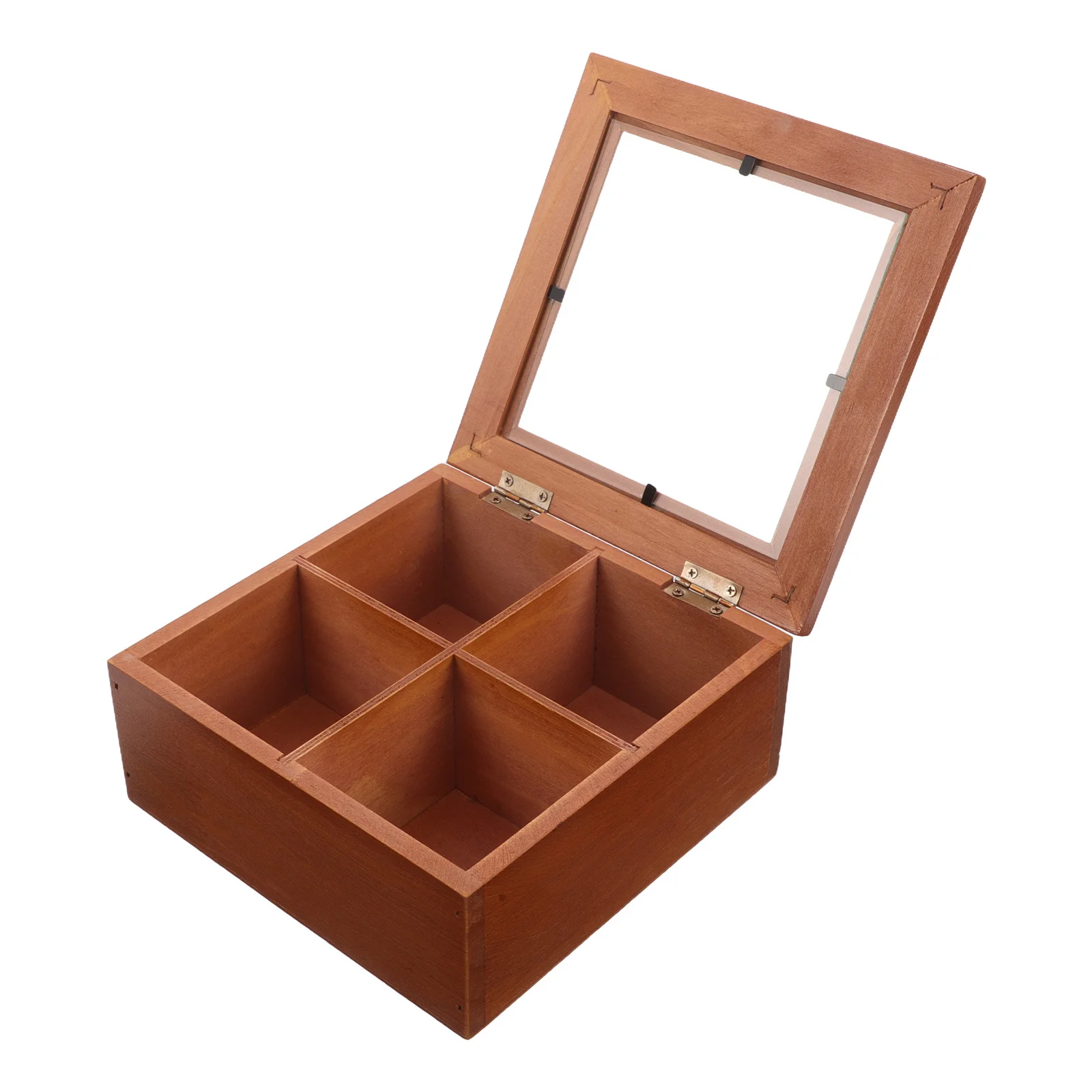 4 Compartment Solid Wood Storage Box Vintage Glass Lid Jewelry Organizer Case Rustic Wooden Display Chest For Trinkets Rings