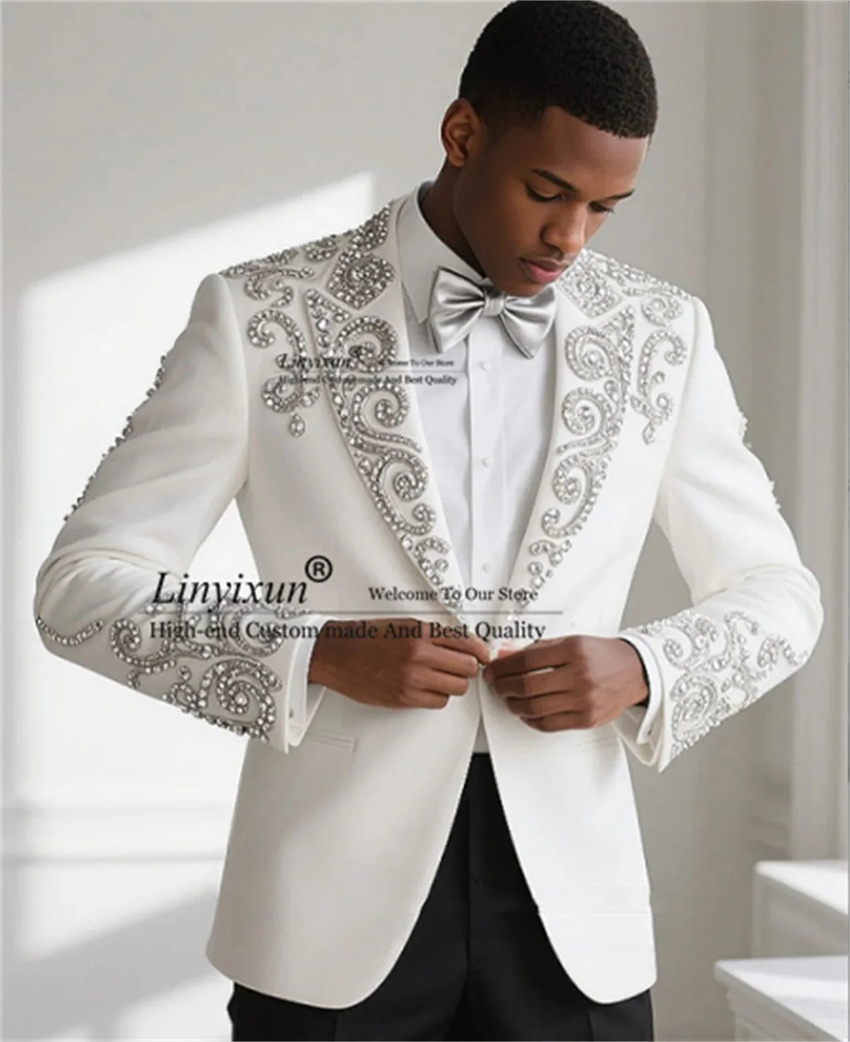 Glitter Diamond Crystal Lapel Tuxedos Men Suits 2 Pieces Sets Groom Wedding Party Blazers Customized Slim Fit Man Ropa hombre