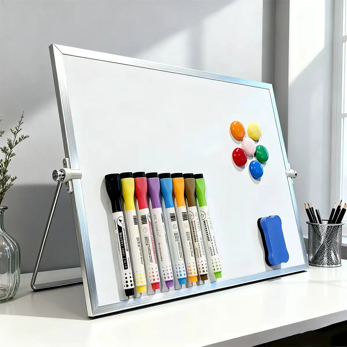 Desktop Whiteboard Set with Stand, 8 Markers, Eraser & Magnets, Dry Erase Board for Office