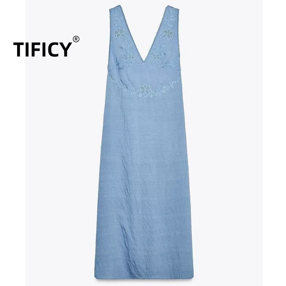 

High Street Blue Dresses Summer New Women's Short Dress V Neck Embroidered Streetwear Fashion Party MIDI Dress Vestidos De Mujer