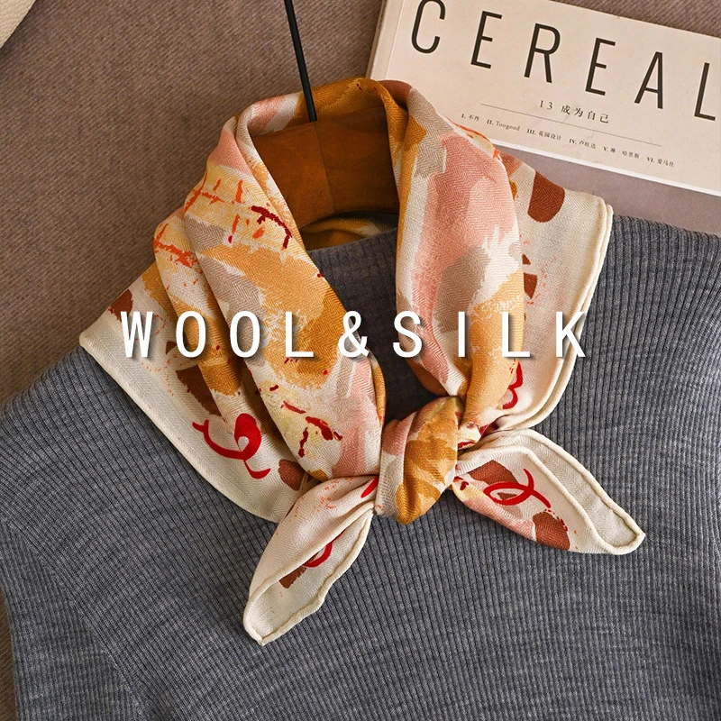 2027 Women Art Print Silk‑Wool Square Neck Scarf Double sided Orange Oil Painting Bandana Hijabs for Woman Accessory