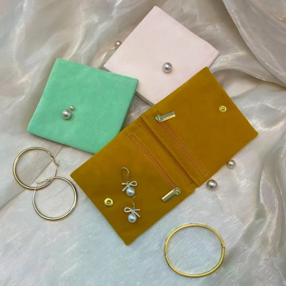 Portable Velvet Jewelry Organizer Bag Double Layer Zipper Travel Pouch Small Bracelet Ring Earrings Storage Bag for Girls Gift