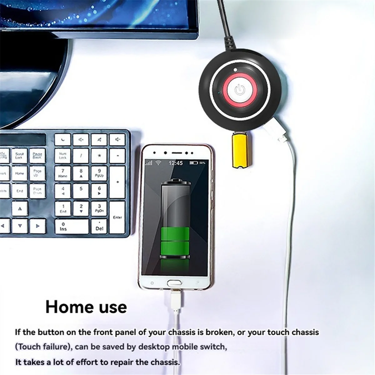 &ABDH& Desktop Computer Switch Button with Dual USB Ports and Audio PC External Start Button 165cm Cable