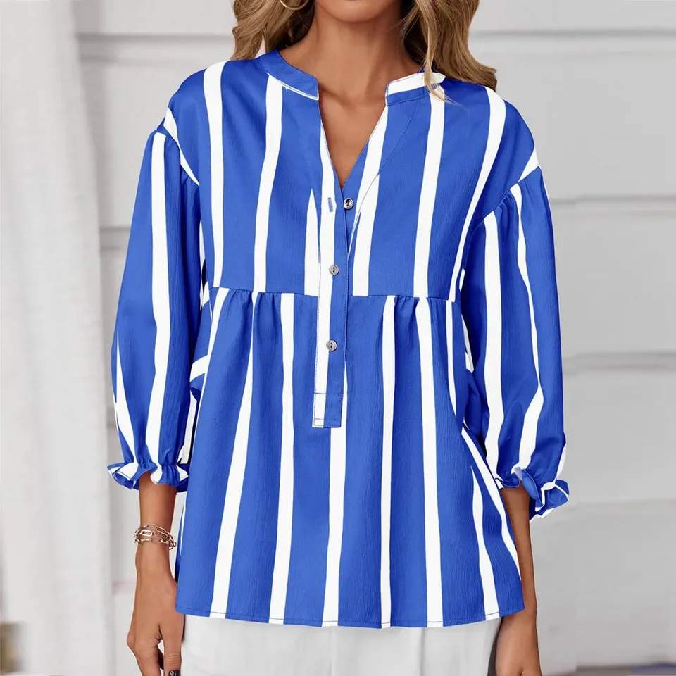 قميص مطبوع مخطط فضفاض، أزرار على شكل حرف V، أكمام سبعة أرباع مقسمة ​ ​ قميص ربيع الخريف التنقل الملابس النسائية