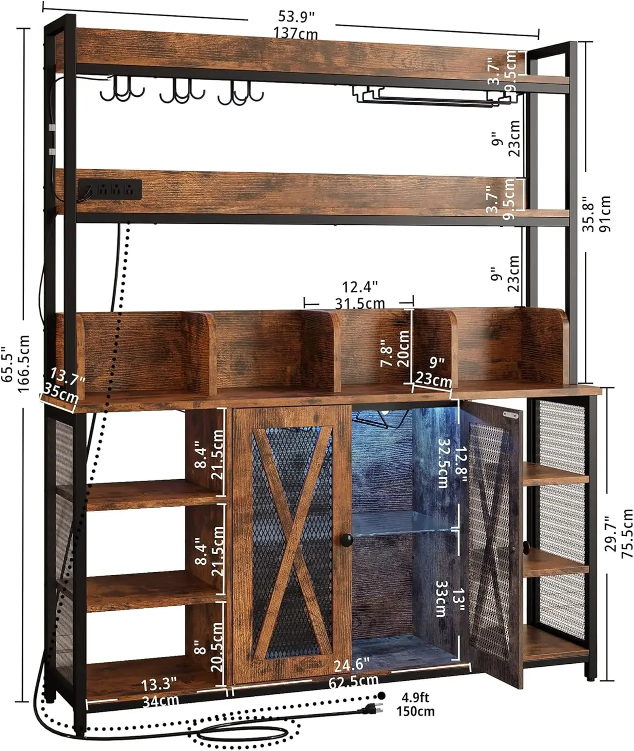 IlearCK-armoire à café-bar avec prise de courant, armoire de planche industrielle avec bande LED et support en verre, armoire française ou à 3 niveaux