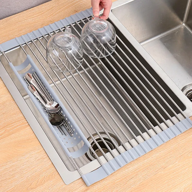 Kitchen accessories,Roll Up Dish Drying Rack 304 Stainless Foldable Sink Shelf Storage Organizer Bowl Plate Drainer