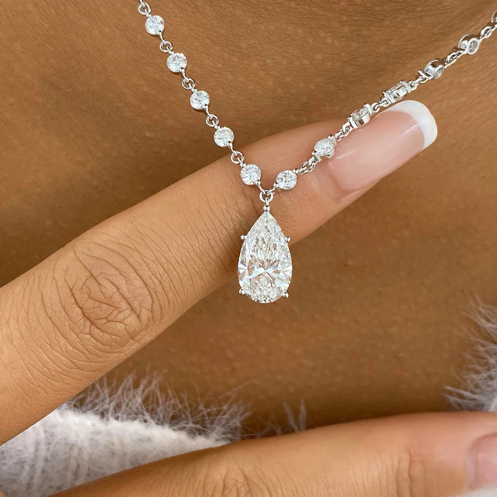 3MM Round Bubble Waterdrop Moissanite Diamond Tennis Neclace with 3ct Waterdrop Pendant NeckChain for Women 925 Silver Jewelry