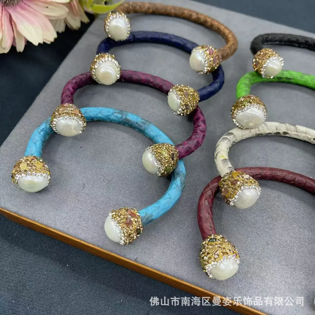Autumn and winter new leather snake skin inlaid with baroque pearl tourmaline open bracelet popular natural stone jewelry in Eur