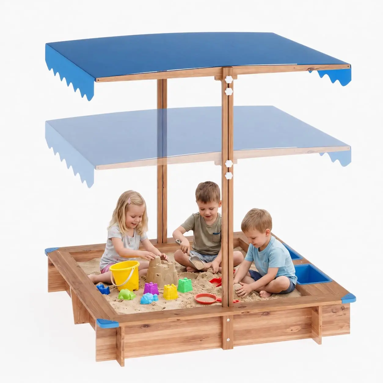 Children Outdoor Sand Pit Kids Playground Wooden Sandbox for Preschool Kindergarten Outdoor Garden Backyard Sand Play Area 2 Storage Bins, Corner Guards, Ages 3–6