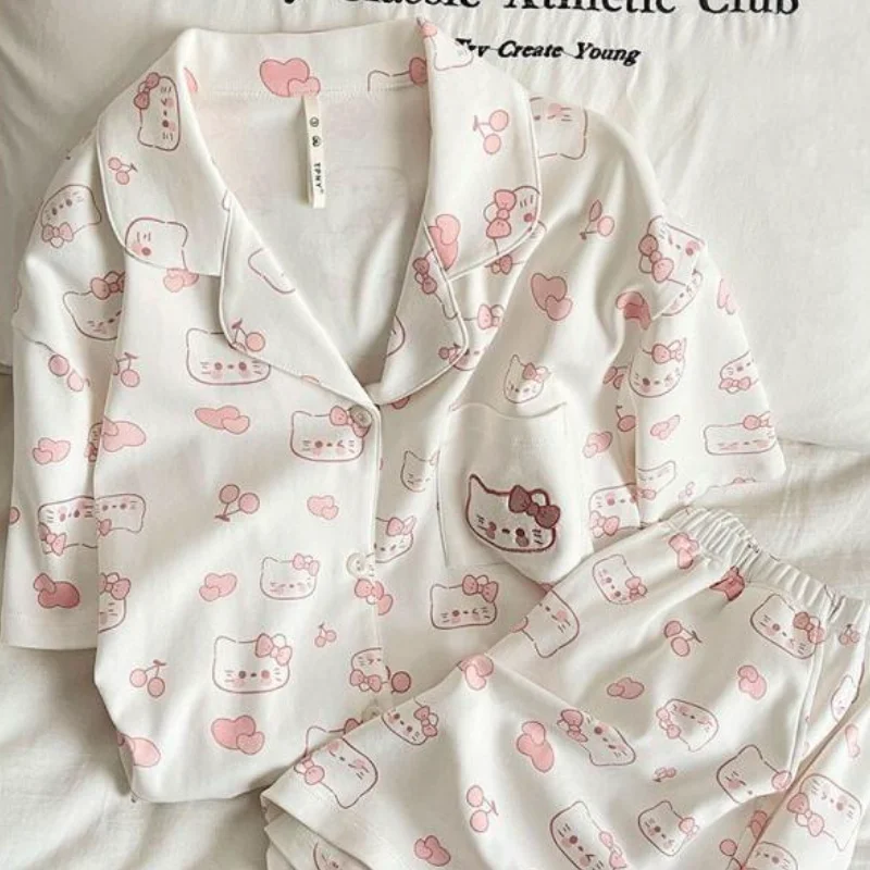 

Пижамный комплект Sanrio Hello Kitty с героями мультфильмов для женщин и студенток, домашняя одежда, милые летние шорты с короткими рукавами, белая пижама с полным принтом
