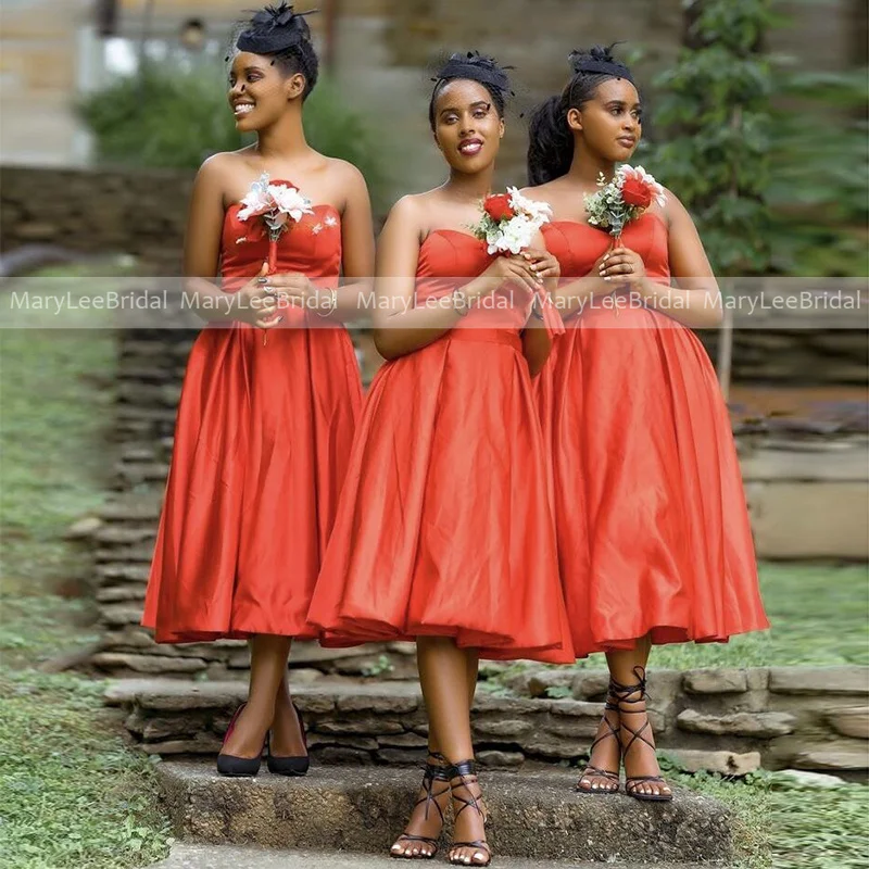 

Orange Red Short Bridesmaid Dresses Sweetheart A-line Satin Wedding Guest Dress 2023 Tea Length Bride Summer Wedding Party Gowns