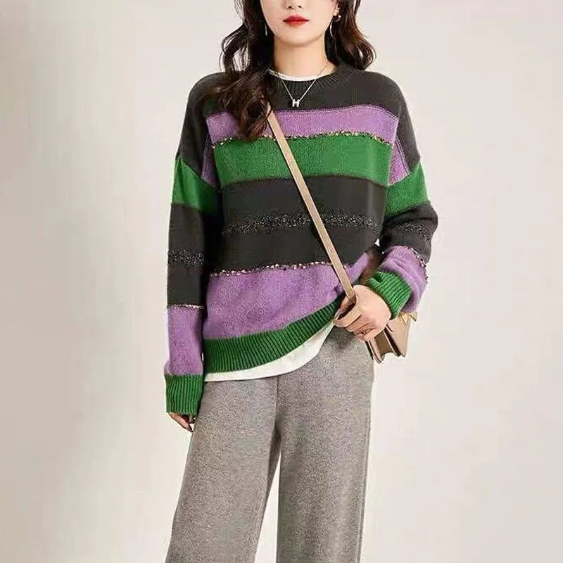 

Autumn and Winter Fashion Korean Edition Spliced Colored Striped Round Neck Loose and Versatile Western Women's Knitted Sweater