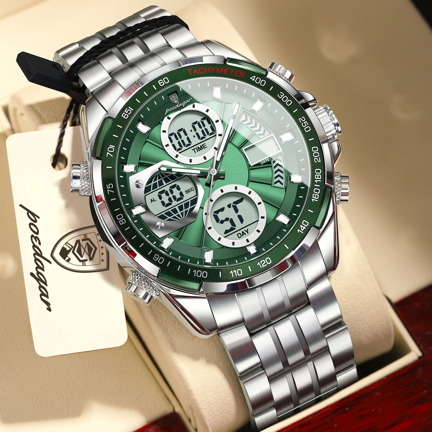 POEDAGAR Man Wristwatch Waterproof Electronic LED Men's Watches Dual Time Display Digital Stainless Steel Men Quartz Watch Reloj
