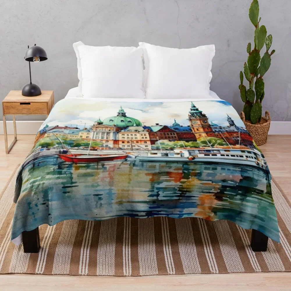 

A Watercolor Design of Stockholm - Sweden Throw Blanket Fluffy Cozy Throw Blanket for Home Decor