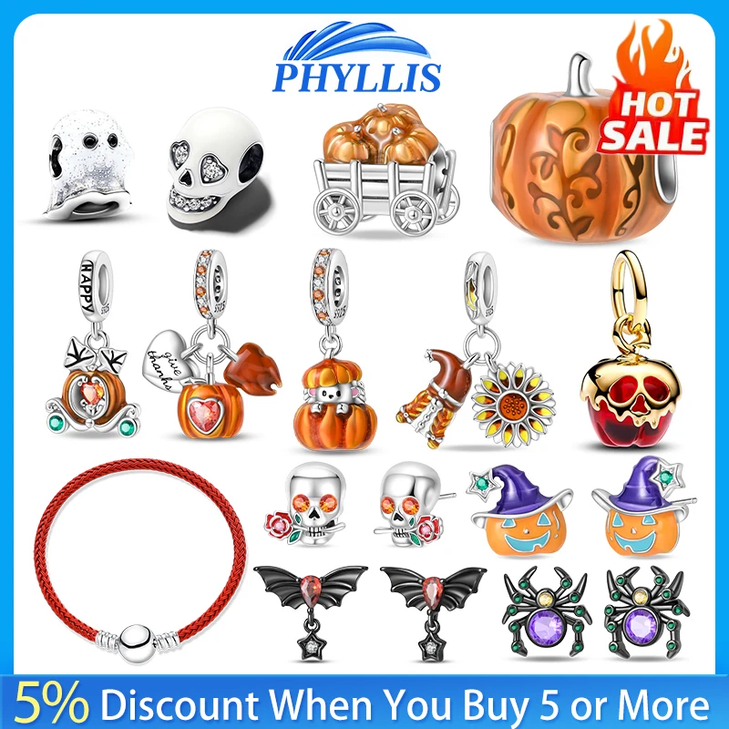 Interesting 925 Silver Plated Pumpkin Witch Halloween Collection Pendant Charm for Original 925 Silver Bracelet DIY Jewelry Gift