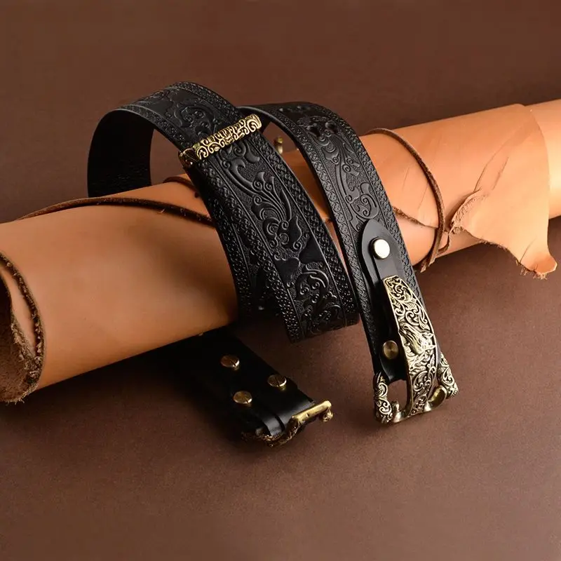 3.8CM Cavalry Belt Genuine Leather Men\'s High Quality Belts Pure Handmade Belt Solid Vintage Embossed Brass Buckle Belt Jeans