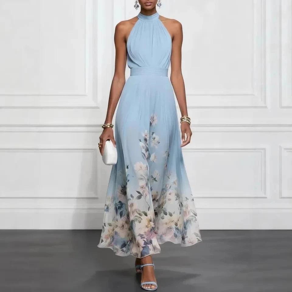 

2026 Autumn New V Neck Waist Cinched Ruffle Trim Temperament Dress Women Long Chiffon Dress