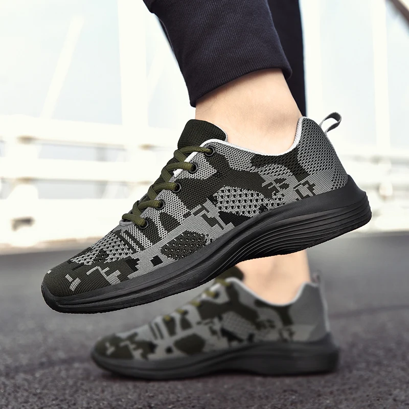 Army Green Camouflage Sneakers Men Sneakers Low Top Casual Shoes for Men Breathable EVA Sole Mesh Lace Up Plus Size 39-45